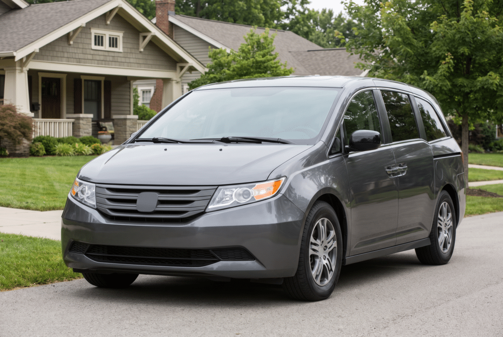 Minivan familiar tipo Honda Odyssey estacionada en la entrada de una casa