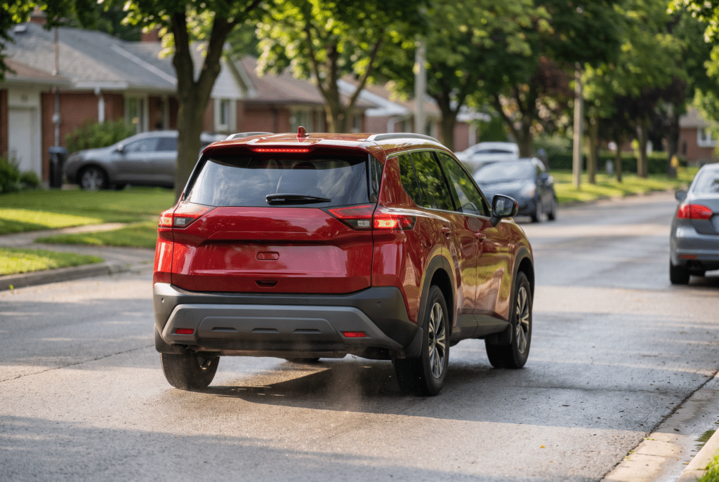 SUV compacta tipo Nissan Rogue frenando en una calle residencial con luces de freno encendidas