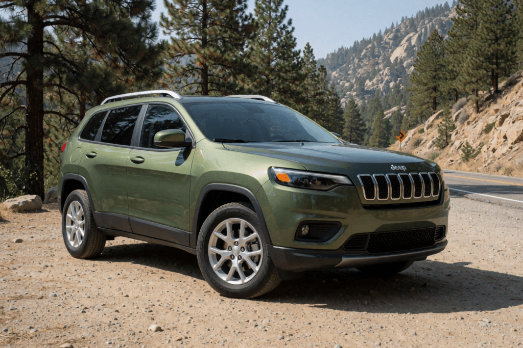 Green Jeep Cherokee SUV parked beside a mountain road in the California Sierra